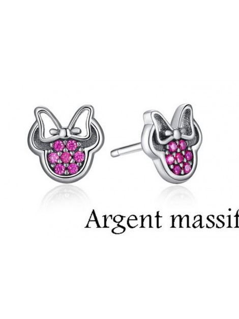 Boucles Minnie Strass Rose Argent Massif