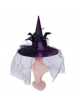 Grand et Magnifique Chapeau de Sorcière Noir et Violet, avec plumes et voile, Idéal Halloween ou déguisement  original